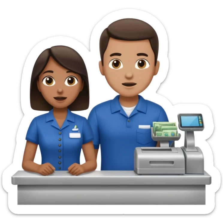 Supermarket employee at a cash register, full body, serving a man surprised sticker