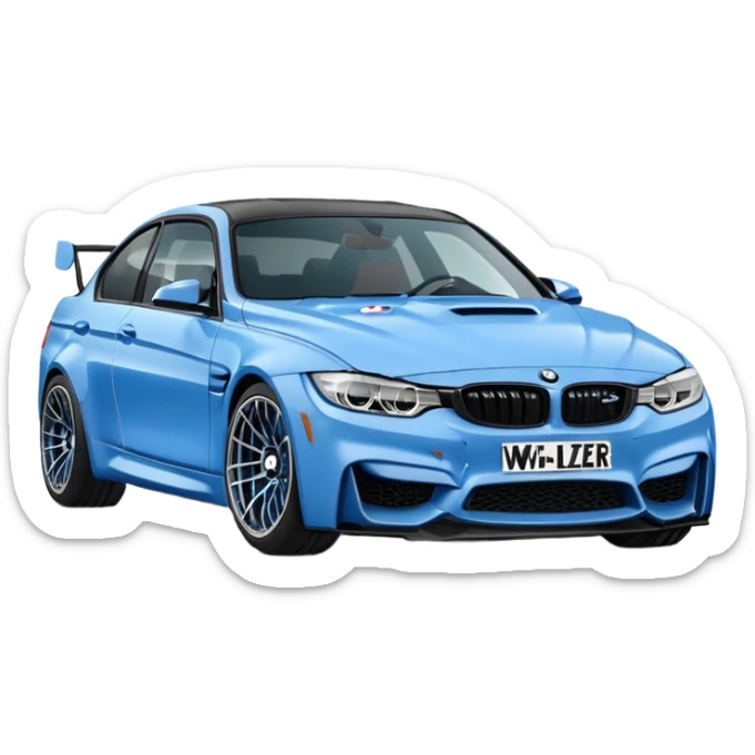 Make me an emoji with a blue bmw M3 and some kind of sign that says ‘W LZR’ sticker