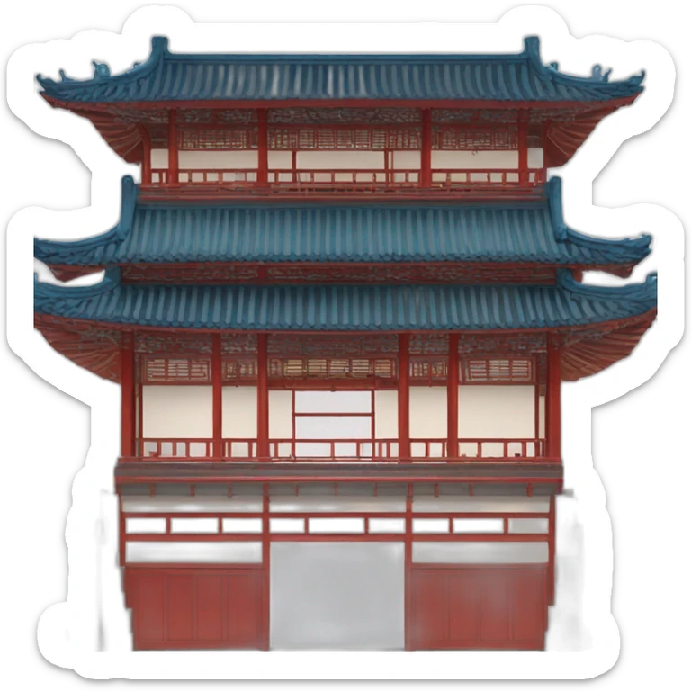 the facade of a large Chinese-style building with a blue roof and red wooden structures sticker