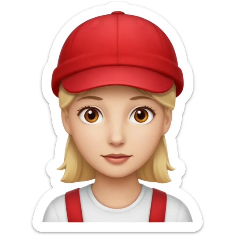 A blonde woman with light brown eyes with white skin and wearing a red cap sticker