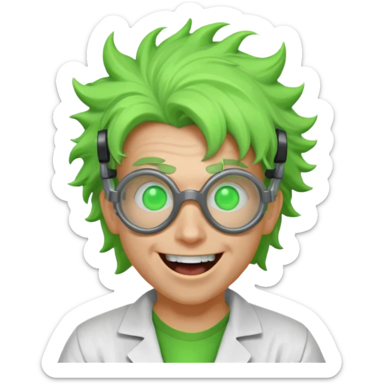 mad nuclear scientist portrait, head and shoulders only, messy hair, cracked goggles, glowing radioactive green light, excited crazy smile, 3D cartoon, mobile game icon style, clean background, no text, no watermark
 sticker