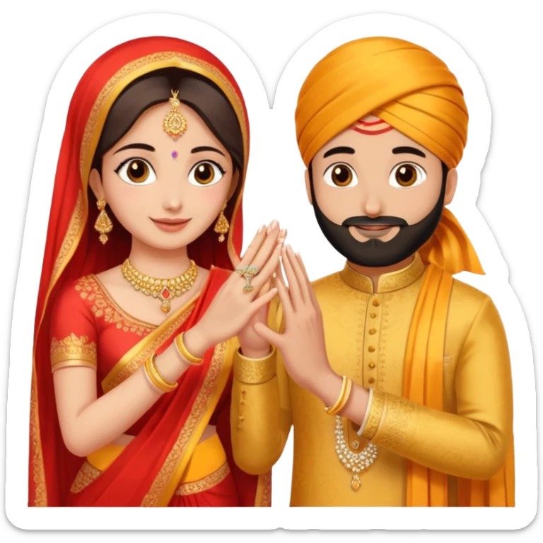 Two hands in a engagement..One hand of groom and one hand of bride. Bride hand - red/yellow saree. groom- light orange punjabi (oonly hands will be visible in the image). Groom's hand is holding a ring sticker