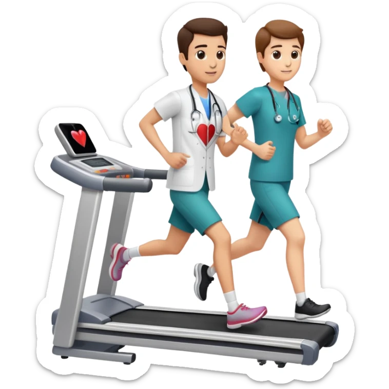patient running on a treadmill, heart monitor display, and a doctor nearby sticker