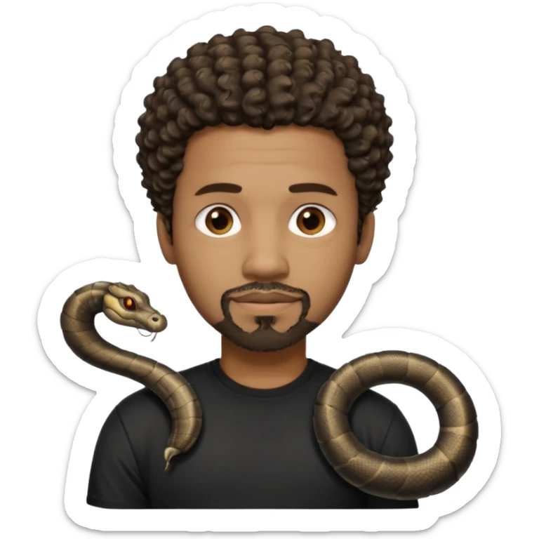 Homme couleur de peau noir, yeux marron avec un bouc que le menton, cheveux court et bouclé crépus avec dégradé sur le côté, avec un cobra à côté , t-shirt noir  sticker