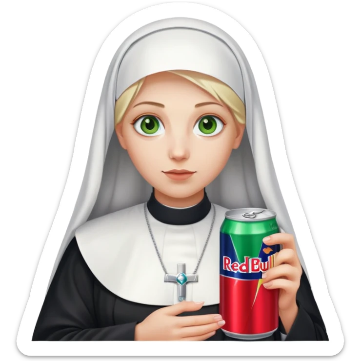 Blonde nun with green eyes holding a can of Red Bull. sticker