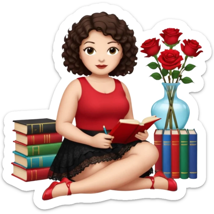 A plus-size brunette woman with short, dark brown curly hair is wearing a red sleeveless shirt and a black lace ruffled skirt. She is sitting on the floor with her legs crossed, holding a crayon in one hand. On the floor are five stacked colorful books and a glass vase with red roses. sticker