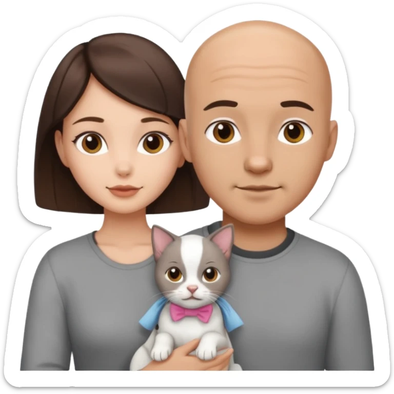 Bald guy with brunette girl and white puppy and Grey cat sticker
