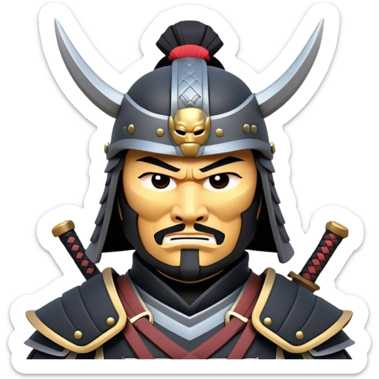 clash-of-clans-aesthetic_-cinematic-fearsome-and-majestic-samurai-bust-portrait-emoji, rendered in a flat, vector-style with minimal shading and bold, simplified shapes typical of emoji art, depicting a battle-hardened samurai with black mask and traditional black Japanese armor. The samurai is riding a noble grey warhorse adorned with an intricately designed saddle and fluttering banners and a rising sun. a samurai on a   horse sticker