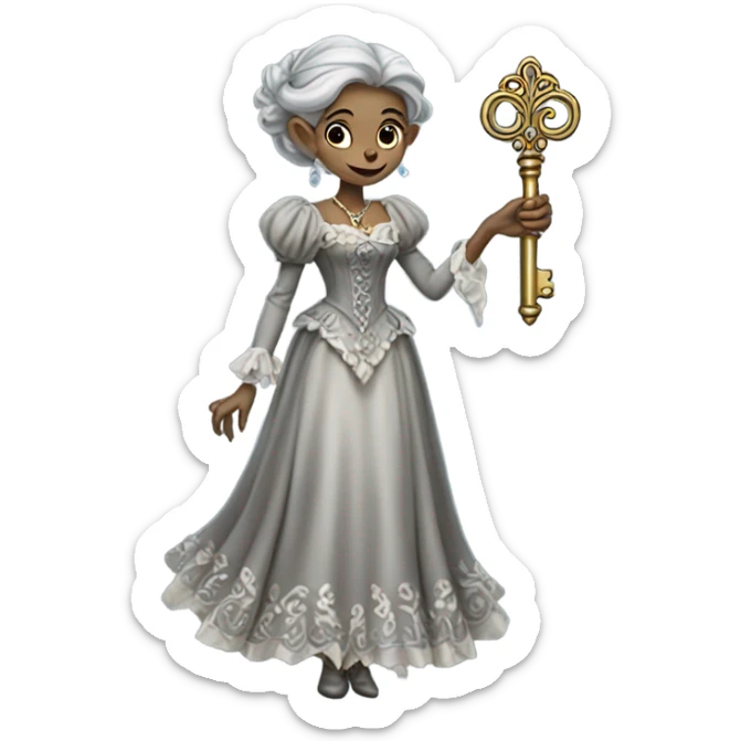 gray elf woman login holding a big key in victorian dress, full body sticker