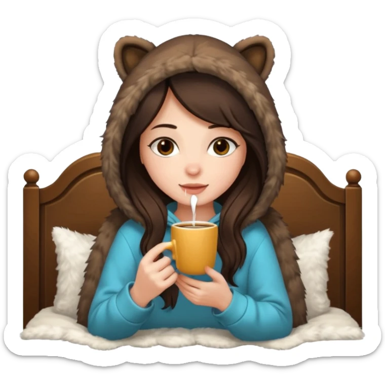 a brunette girl sitting cozily in her bed and a fur hoodie sipping coffee sticker