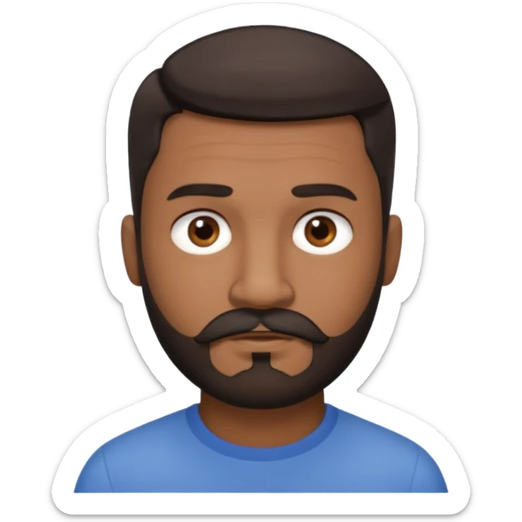 man with an oval face, medium-dark skin tone, short dark hair with a fade cut, dark brown eyes, medium straight nose, full lips, full beard and mustache, neutral expression, small earring in left ear sticker