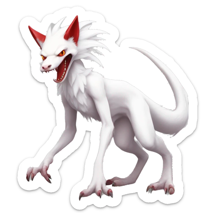 White edgy cute epic anthro albino sergal-vernid-Fakémon with red mane and red eyes, full body sticker