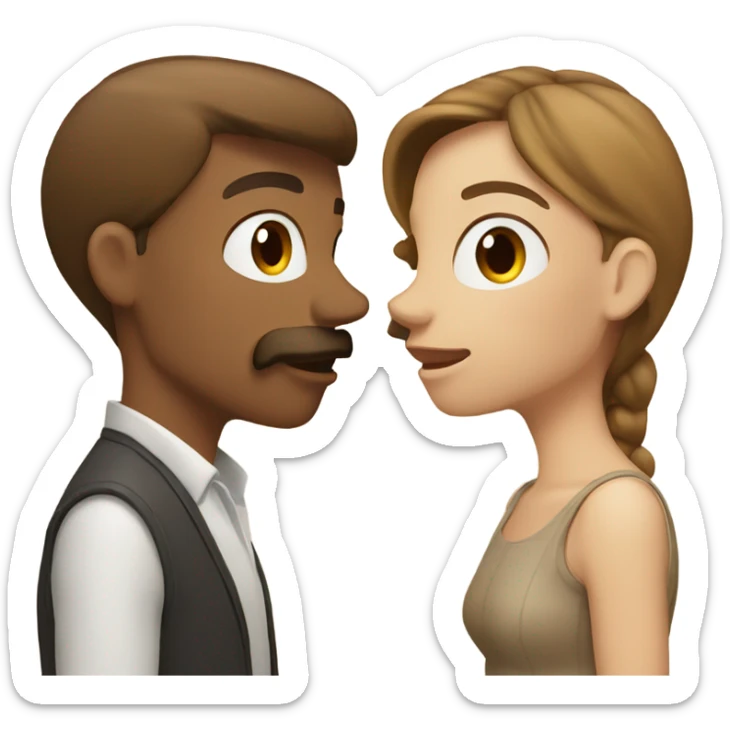 Couple kissing. One is tan with brown hair and a woman. The other is fair skinned with light brown hair and a mustache.  sticker