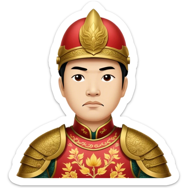 Trần Hưng Đạo – Cinematic Realistic Portrait of Trần Hưng Đạo, depicted as a revered Vietnamese general in traditional armor with a determined gaze, rendered with intricate historical textures and dynamic lighting that highlights his legendary martial spirit and leadership. sticker