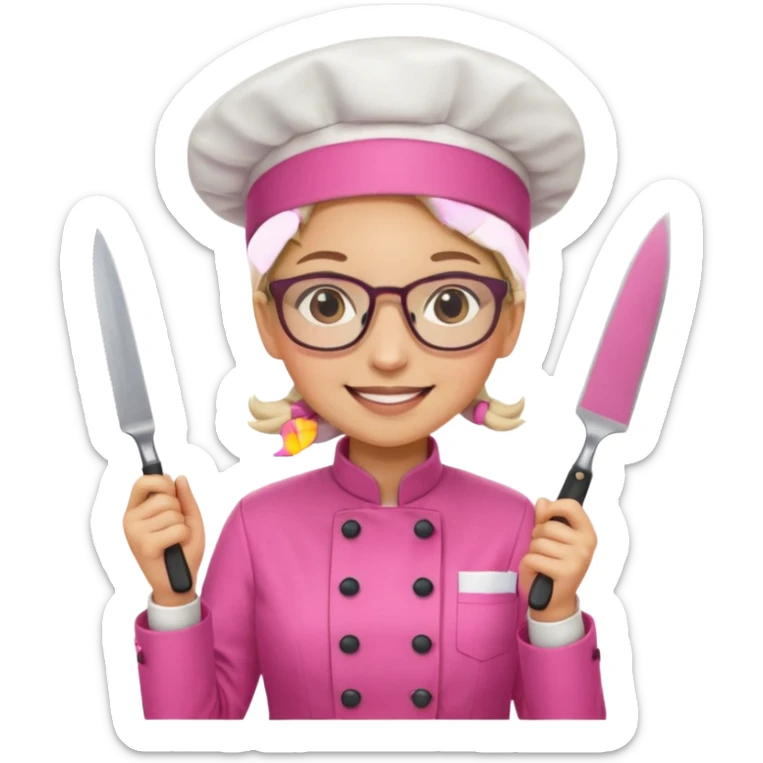 female italian chef, pink uniform, wearing glasses, holding knife sticker