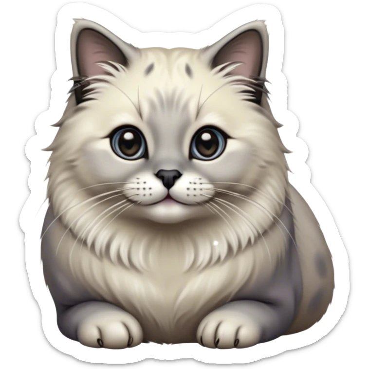 Cinematic Adorable Fluffy Grey Seal Ragdoll Cat Portrait Emoji, Head tilted cutely with big, sparkling eyes, soft grey fur with darker seal points on the ears, face, and paws, Simplified yet irresistibly adorable features, highly detailed, glowing with a soft, warm glow, high shine, affectionate and playful, stylized with a touch of whimsy, bright and endearing, soft glowing outline, capturing the essence of a curious and loving kitten, so cute it feels like it could leap out of the screen and snuggle up for a cuddle! sticker
