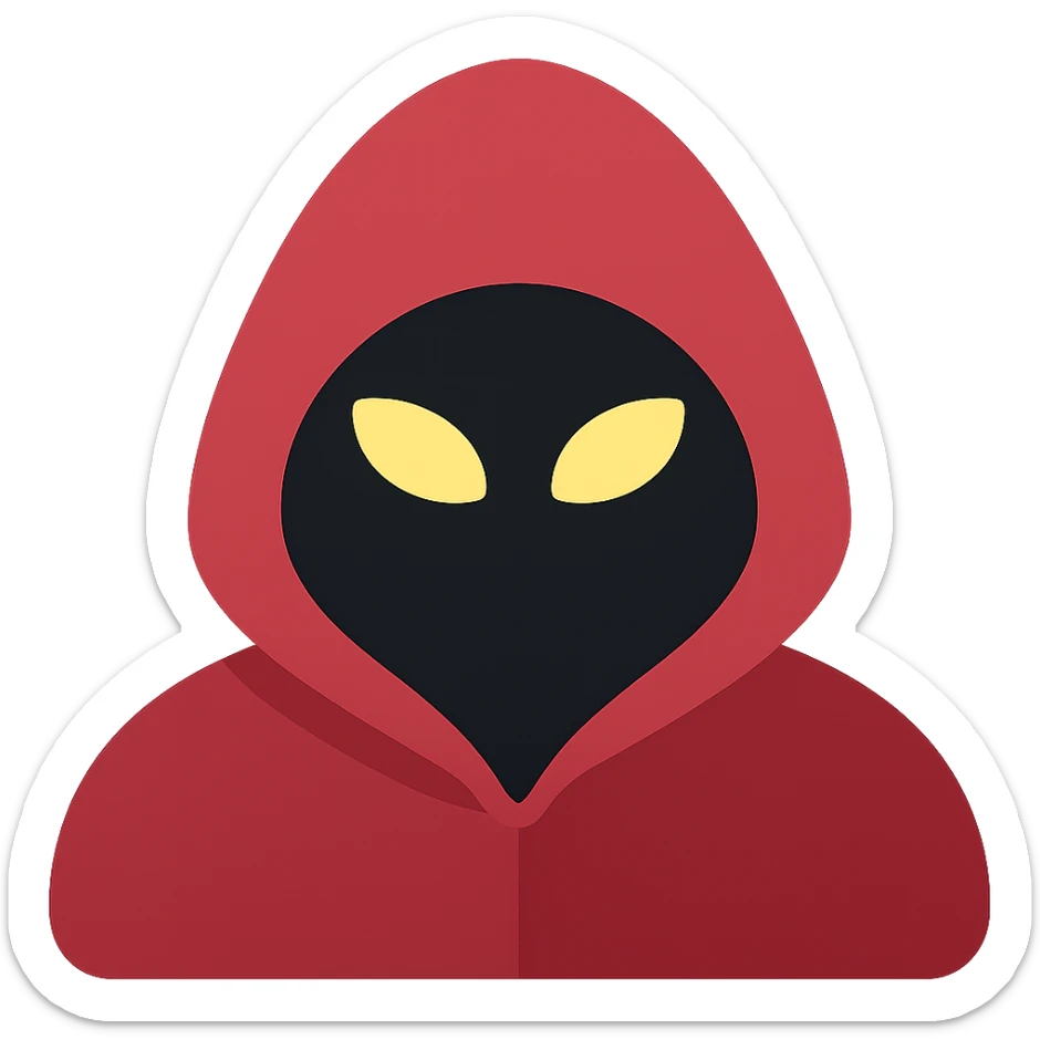 Convert to a color icon style with a mysterious hooded figure, deep red hood, glowing eyes, rich red and black tones, no background. sticker