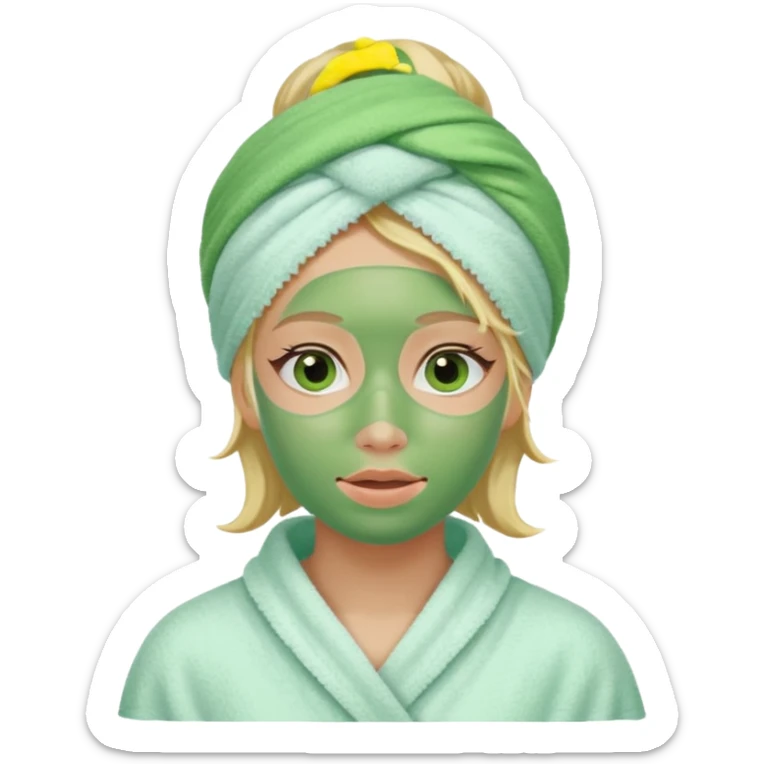 Chica rubia con mascarilla verde y una tualla de baño en la cabeza sticker