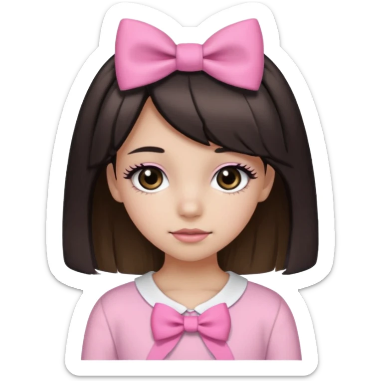 a 13 year old girl with black and brown hair with blond highlights. pink bows and pink outfit with long eyelashes and black eyes sticker