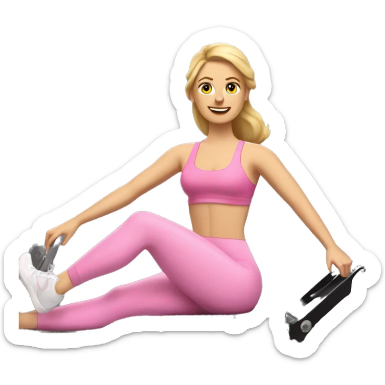 white woman on a pilates reformer machine, wearing a pink sports bra and pink leggings, also wearing a tiara  sticker