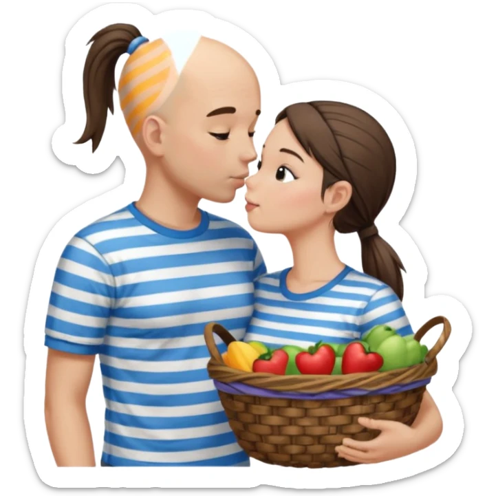 Bald boy with basket t-shirt kissing a brunette girl with a ponytail with a striped shirt sticker