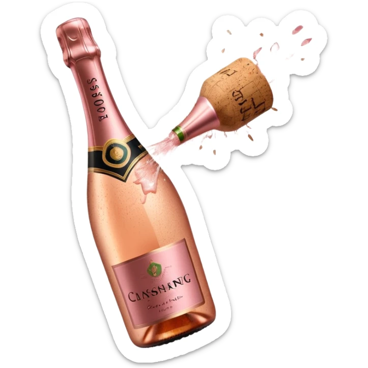 bottle of sparkling rosé champagne with a rose logo on the label, with a cork exploding out from the top, tilted up and to the left, no glass sticker