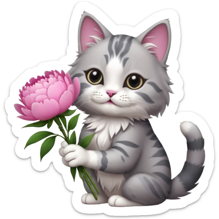 Cute cat Handing pink peonies like reaching a hand and handing them out a bouquet of them not a physical hand the cats hand  make the cat fluffy and grey and white fluffier fluffier  sticker