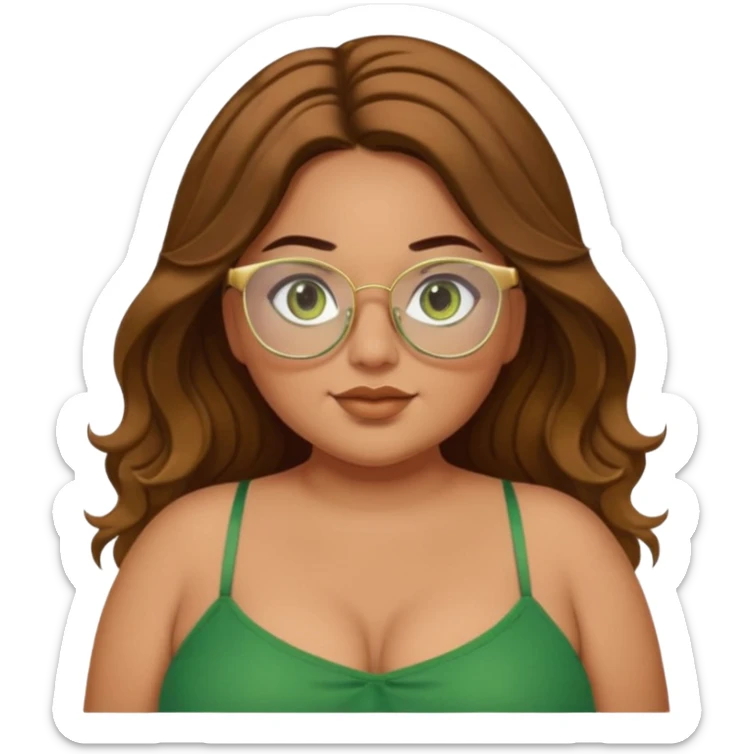 Baddie bratz girl with middle parted long wavy brown hair. green eyes. Plus size. Green spaghetti strap top. Gold glasses sticker