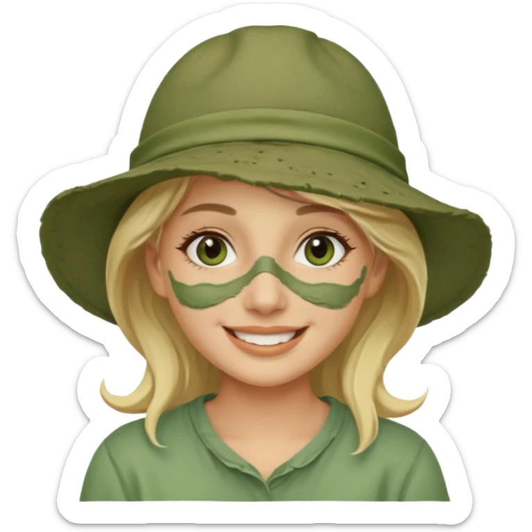 messy green clay mask and tourist hat blond braided woman big eyes smiling and clay mask on face sticker