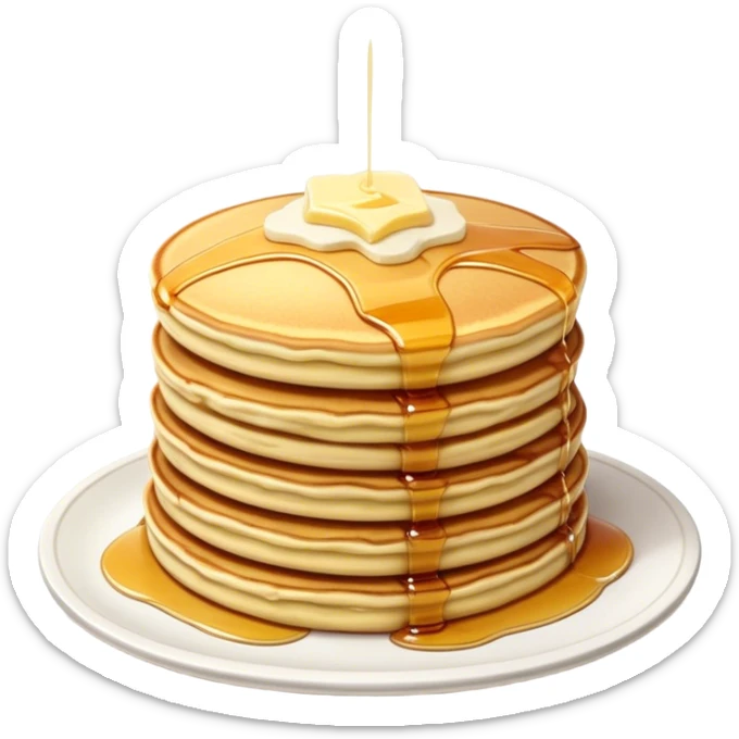 Cinematic fluffy golden pancakes, stacked high, drizzled with maple syrup, topped with fresh butter melting on top, light dusting of powdered sugar, warm and inviting, soft glow and mouthwatering. sticker