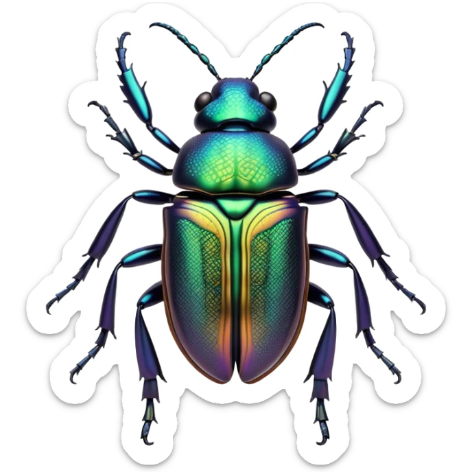 Cinematic Noble Beetle Portrait Emoji, Poised and robust, with a shiny, metallic exoskeleton in deep, iridescent hues and intricately detailed patterns, sharp, focused eyes and a sturdy, commanding form, Simplified yet sharply defined features, highly detailed, glowing with a cool, reflective luminescence, high shine, intelligent and resilient, stylized with an air of natural armor, focused and alert, soft glowing outline, capturing the essence of a watchful beetle that appears ready to crawl out of the screen with effortless strength! sticker