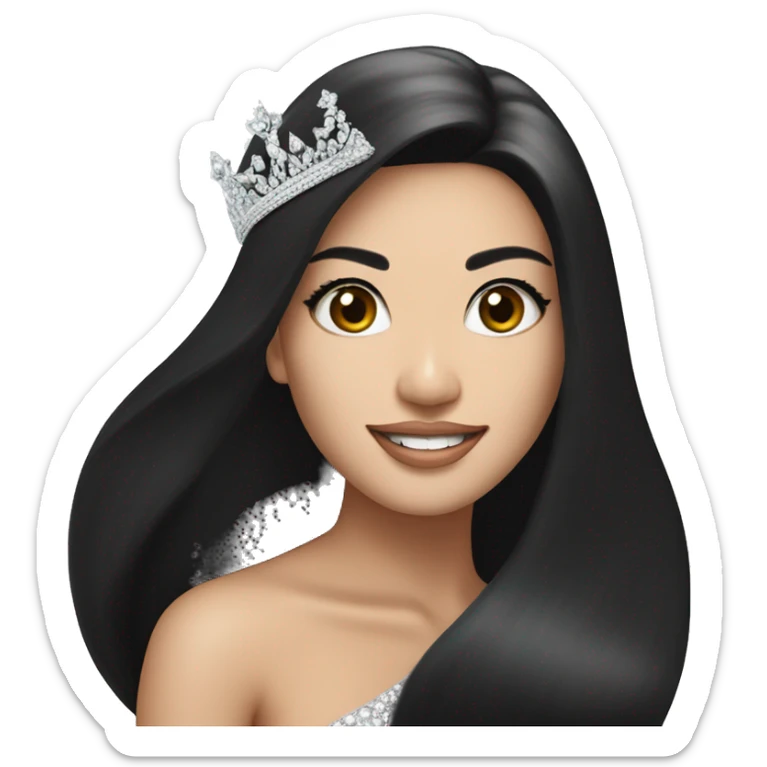 Miss universe south east Asian with very long straight black hair with a crown sticker