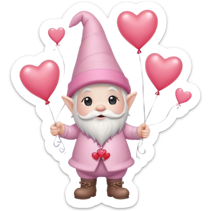 An adorable little pale pink Valentine’s Day style gnome holding balloons with hearts floating in the background sticker