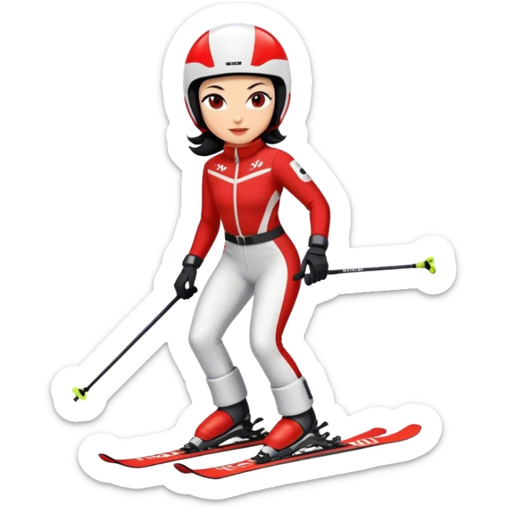 Ski racer downhill woman red white dress black hair  sticker