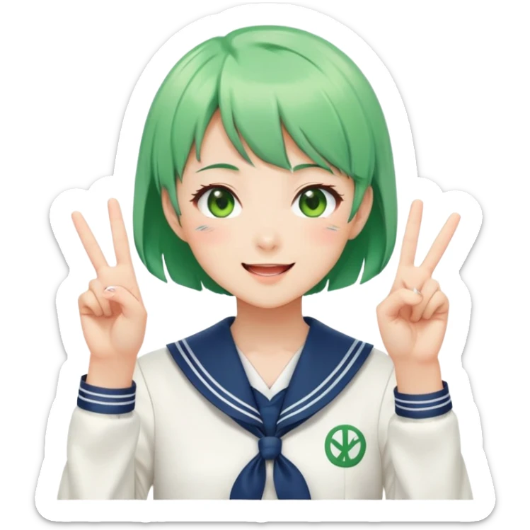 Energetic anime girl with short green hair wearing Japanese sailor style school uniform, winking and making double peace signs, very cheerful and bubbly, kawaii style sticker
