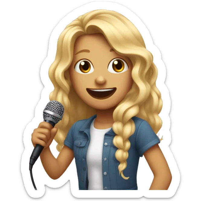 An emoji of a young girl with long blonde hair, holding a microphone and singing passionately, with a joyful expression on her face sticker