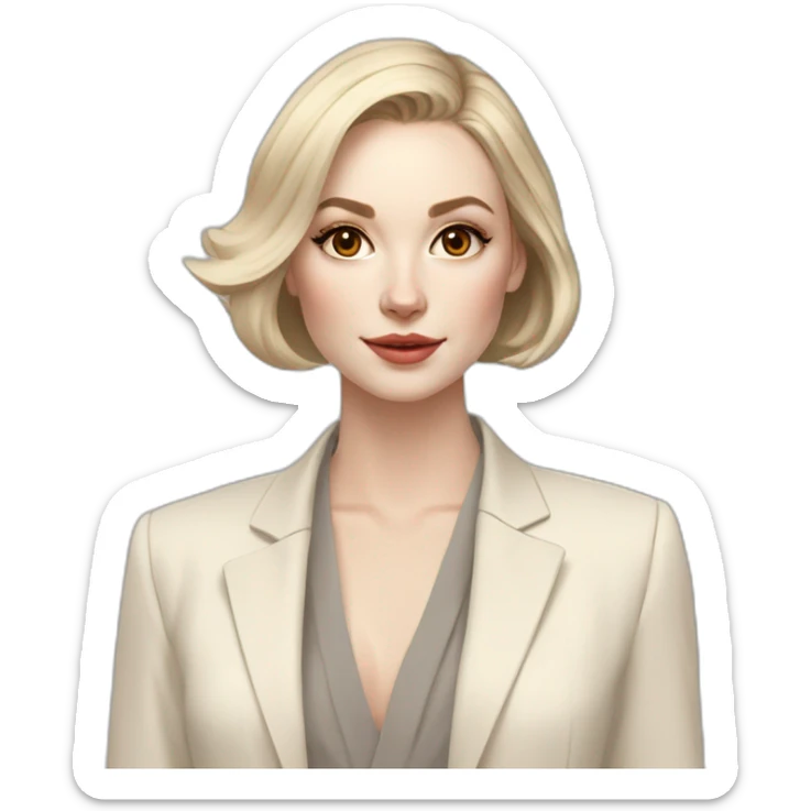 pale skin woman with ash blonde Straightened bob Hair, White Spacious classical jacket, beige palazzo Arrow pants and gray blouse holding a color palettes in the hands sticker