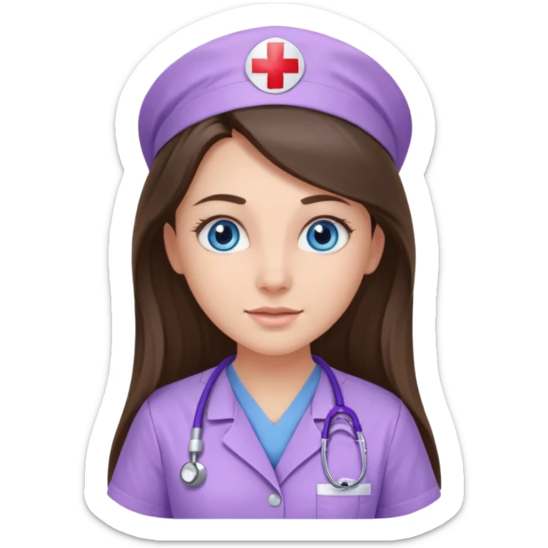 pretty brunette nurse with long hair and blue eyes in lilac scrubs sticker
