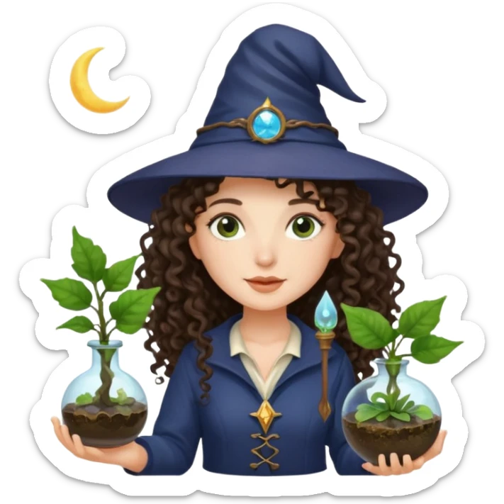 A long curly haired brunette girl with a moon witch hat, and a plant wand or plant potion terrarium sticker