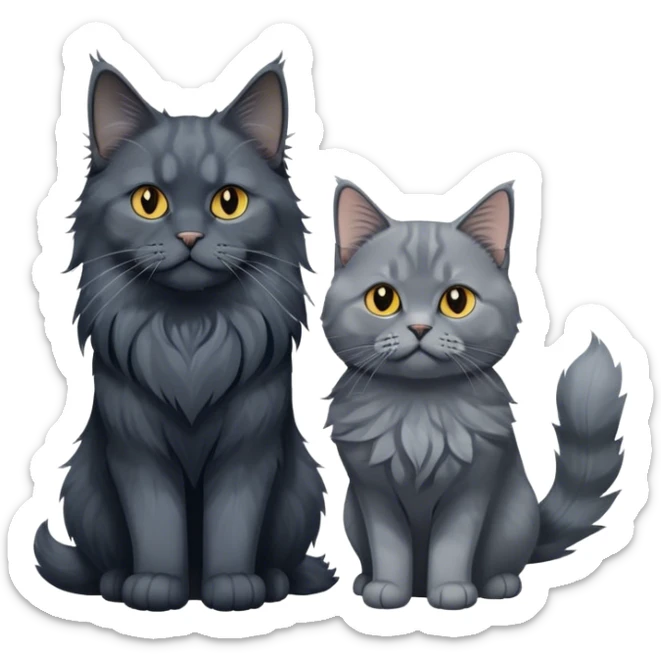 Portrait of a black smoke Maine Coon cat with long grey ear tufts, alongside a British Shorthair cat with a solid blue coat. Both cats with detailed fur textures and playful expressions. Soft, elegant background with warm, natural tones. Transparent background. sticker