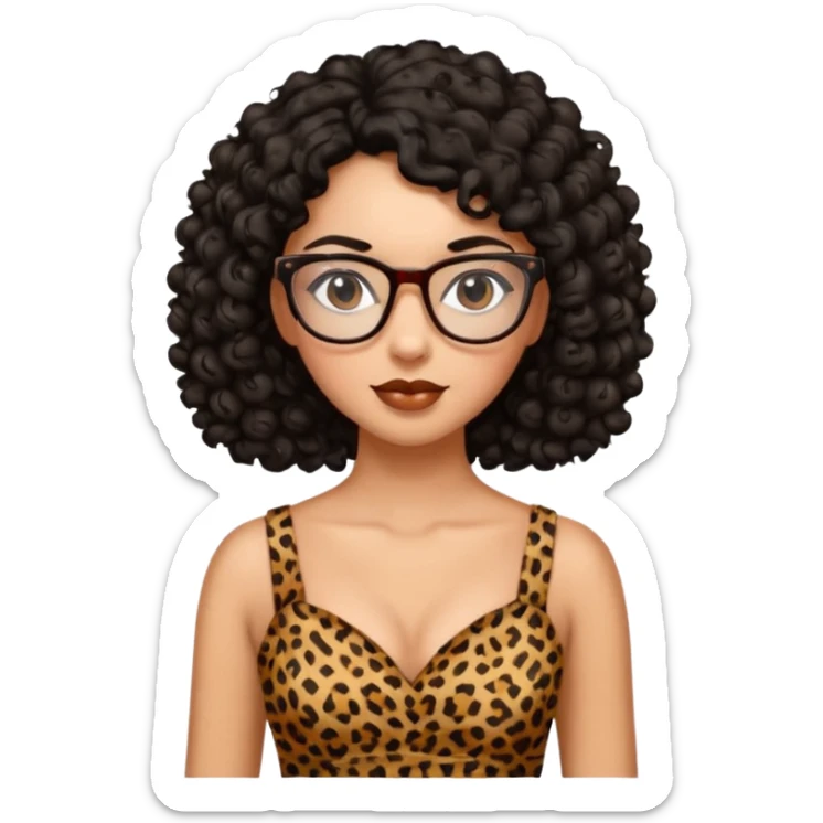 A women who wears glasses with a black curly hair, in a leopard print dress sweetheart neckline  sticker