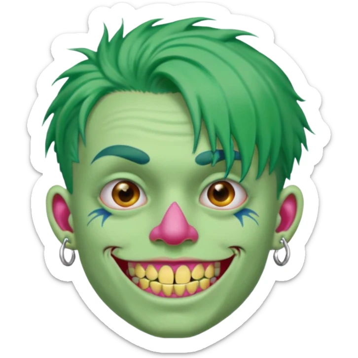 very colorful puffy green haired man made out of candy wearing teeth-braces and excessive face tattoos and excessive piercing just face  sticker