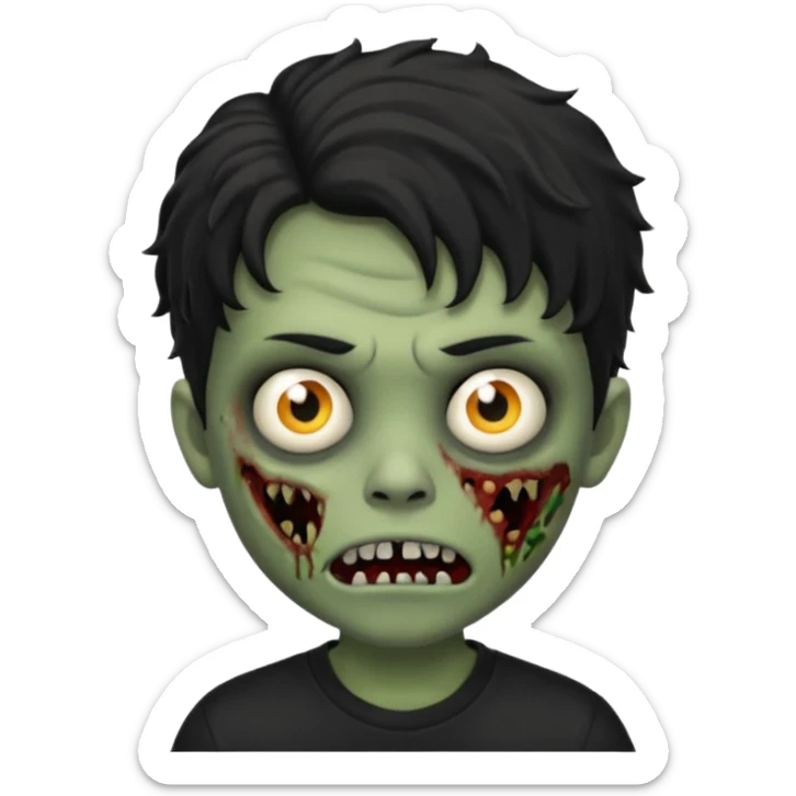 a boy with wavy hair, a zombie-shaped mouth piercing hum, and black hair with a black shirt too sticker
