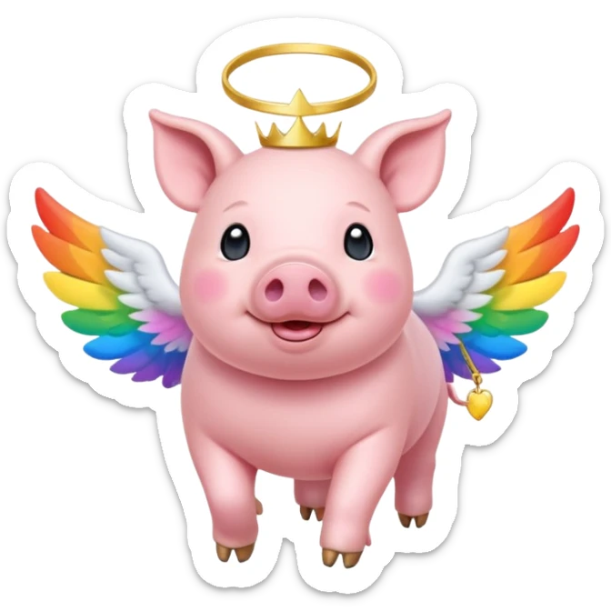small pink pig with white wings and golden halo walking on rainbow bridge sticker