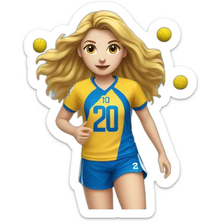 Teenage girl handball-louves saint-amand yellow jersey number 20-long hairs-blue pants-shooting ball-blue short sticker