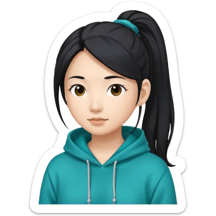 generate an asian female with long black hair in a ponytail and a teal hoodie sticker