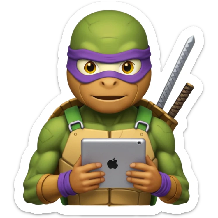 Donatello from Teenage Mutant Ninja Turtles, emoji style, with a tablet showing a hacking screen and a determined look, with a yellow hacking interface on the screen sticker