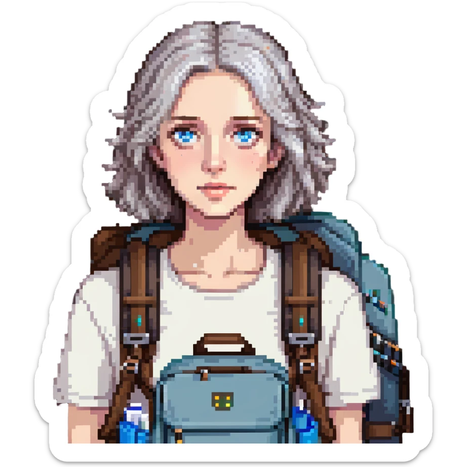 white woman park ranger with blue eyes, brown and gray hair, wearing a backpack sticker