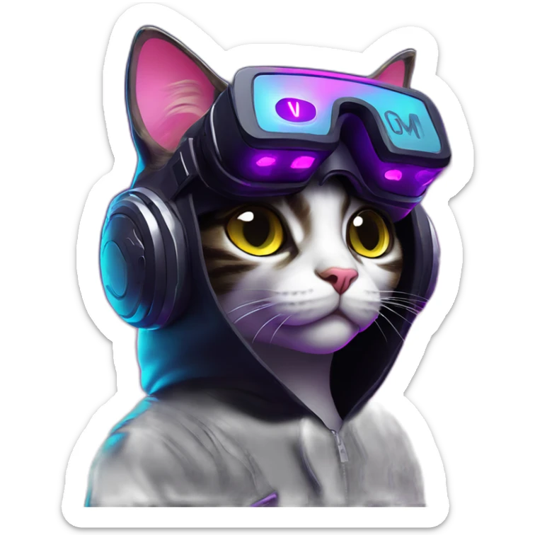 funny cat wearing a black hoodie with "OMG" letters on it and VR headset in a cyberpunk VR environment with violet neon lighting. sticker