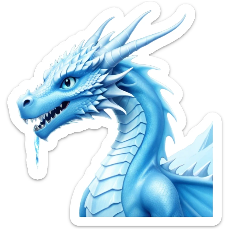 Cinematic Noble very elegant slender Ice Dragon Portrait Emoji, Poised and imposing, distinct long elegant snout, with a slender, scaled body shimmering in glacial hues of icy blue, frostbitten silver, and crystalline white, breathing out frost, with piercing, glowing ice blue white eyes that radiate the chilling depths of an arctic storm; rendered in detail. excuding wisdom sticker